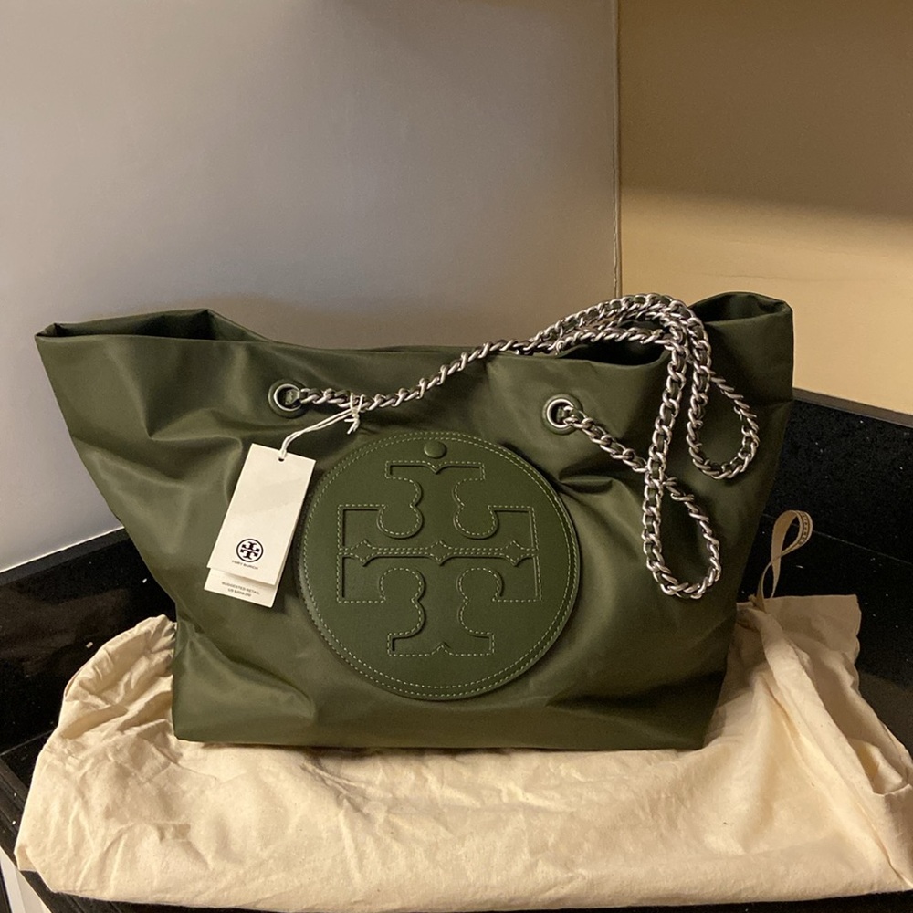 Tory Burch Olive Green Ella Chain Nylon Tote Bag